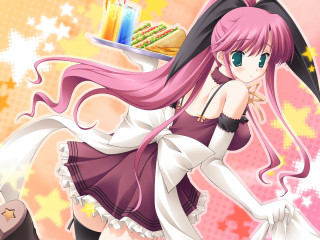 Pink hair girl tray food - her hand and a hat free wallpaper