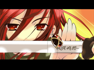 Red haired girl sword smile - her hand behind her head free wallpaper for desktop