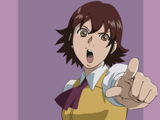 Woman pointing purple background portrait - something free wallpaper