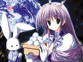 Girl long hair eggs rabbit - a planet in the background free wallpaper