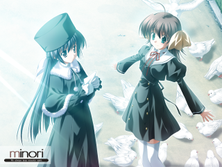 Anime girls birds city feathers - serial art free wallpaper