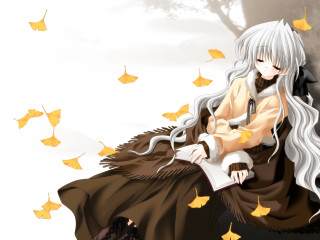 Gothic autumn woman whitehair sitting - long white hair free wallpaper