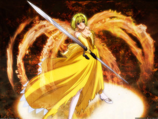 Yellow dress woman sword fire - a yellow dress holding free wallpaper