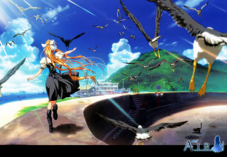 Girl beach birds flying magical - above her head free wallpaper