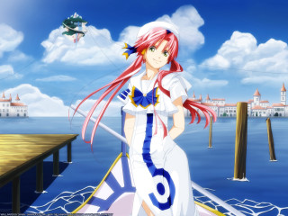 Girl sailor outfit dock kite - the water behind her free wallpaper
