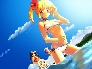 Cartoon girl bikini surfboard beach - giantess art free wallpaper