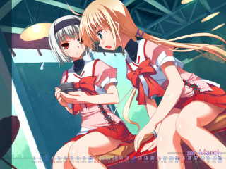 Anime girls mirror cellphone school - two anime girls sitting next free wallpaper