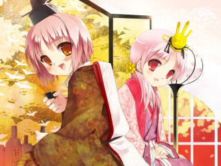 Anime girls window bird kimono - two anime girls sitting next free wallpaper