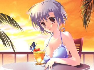 Purple hair beach sunset butterfly - a woman sitting free wallpaper