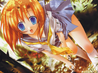 Girl blueeyes yellowribbon leaning on - a tree branch in a forest free wallpaper