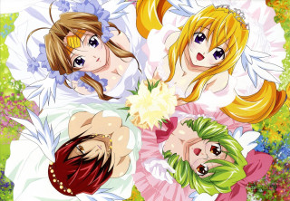 Anime girls flower wings wedding - their hair free wallpaper