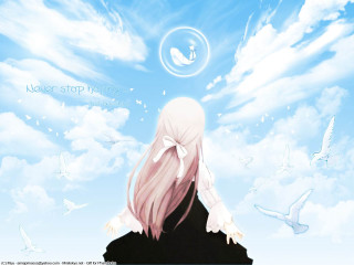 Pink haired girl sky birds - a swan free wallpaper