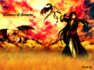 Woman sword dragon demon autumn - epic fantasy free wallpaper for desktop