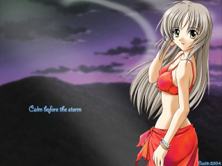 Red bikini silver hair ocean - a purple sky free wallpaper