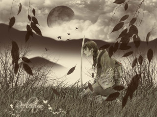 Woman kneeling field fullmoon fantasy - a stick free wallpaper