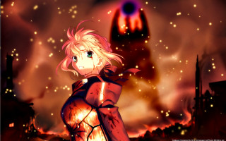 Anime girl fire sky red - a red light in the background free wallpaper