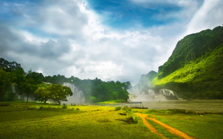 Large waterfall lush field trees - free landscape wallpaper