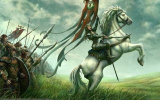 Epic fantasy horseman sword group - a painting of a man riding free wallpaper