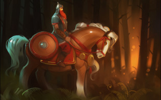 Man horse forest helmet sword - a fire in the background free wallpaper