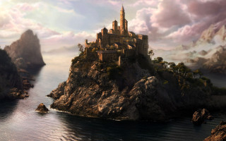 Castle rock water boat fantasy - the water below free wallpaper