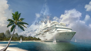 Cruise ship ocean palm tree 2 - matte painting free wallpaper