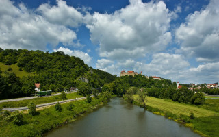 River green hillside cloudy sky - a lush green countryside next free wallpaper