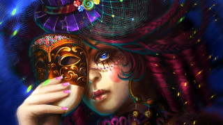 Woman mask phone colorful background - a colorful background behind her free wallpaper