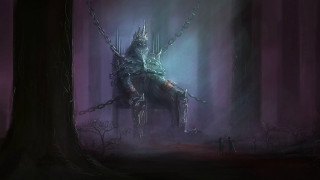Giant creature forest chains man - side and a man free wallpaper