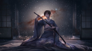 Woman kimono sword starry sky - art station free wallpaper