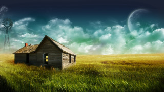 House field windmill clouds stars - a windmill in the background and a sky free wallpaper