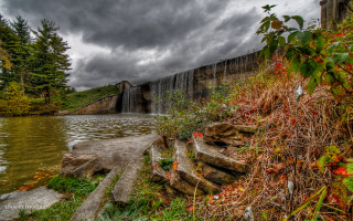 Waterfall mountains cloudy sky trees - hdr free wallpaper