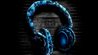 Headphones brick wall dark blue 2 - a brick wall behind free wallpaper