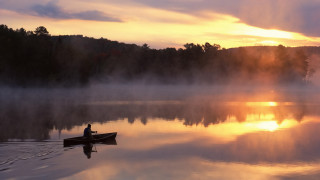 Canoe lake sunset mist trees - a lake free wallpaper for desktop
