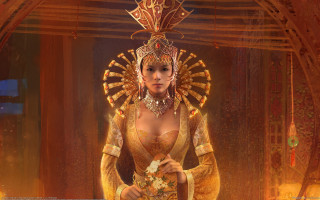 Golden costumed woman with flower - fantasy concept art free wallpaper