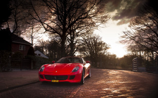 Red sports car autumn fence - tree and a fence free wallpaper