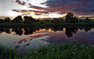 Lake sunset reflection trees clouds 2 - evening free wallpaper