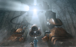 Man giant robot forest light - alejandro burdisio free wallpaper