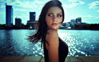 Woman long hair cityscape blue - aestheticism free wallpaper