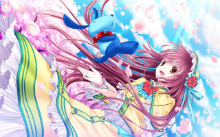 Girl blue dog flying flower - flowery free wallpaper