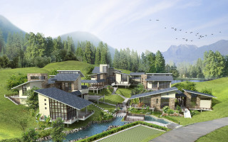 House pond trees green field - vray free wallpaper