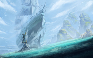 Fantasy ship ocean man rock - a painting of a ship in the ocean free wallpaper