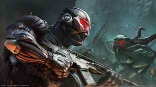 Futuristic suit man zombies city - a giant robot in the background free wallpaper
