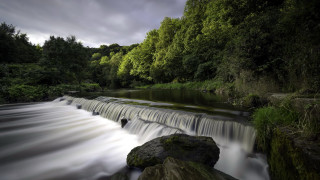 River waterfall forest mountains cloudy - long exposure free wallpaper