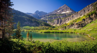 Mountain lake forest blue sky 2 - green water free wallpaper