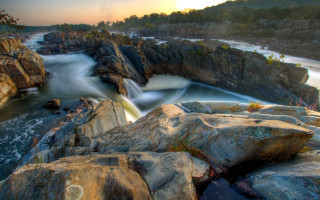 River rocks waterfall sunset nature - flowing free wallpaper