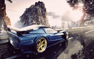 Blue sports car snow mountains - unreal engine free wallpaper for desktop