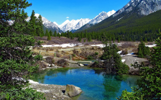 Blue lake mountains trees bridge - a blue lake free wallpaper