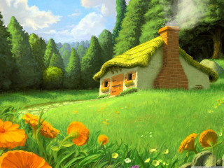 House field flowers trees background - a green roof free wallpaper