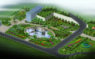 Large building pond waterfall park - isometric free wallpaper