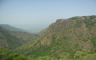 Mountain valley trees sky horizon - panoramic view free wallpaper for desktop